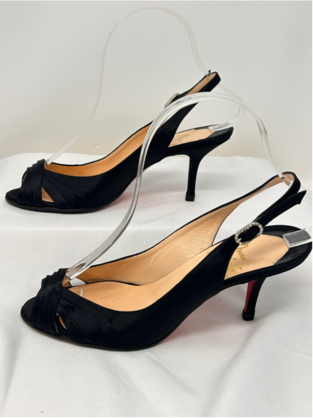 Christian Louboutin Black Satin Peep Toe Slingback Heels Size 36
